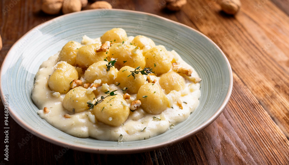 Close-up of gnocchi in a creamy blue cheese sauce, garnished with chopped walnuts and chives, served in a light blue bowl on a wooden table with whole walnuts in the background. Close-up of gnocchi in a creamy blue cheese sauce, garnished with chopped walnuts and chives, served in a light blue bowl on a wooden table with whole walnuts in the background.