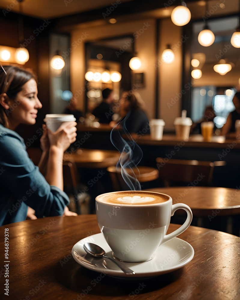 Primer plano taza de café humeante sobre una mesa en una cafetería con personas de fondo Primer plano taza de café humeante sobre una mesa en una cafetería con personas de fondo