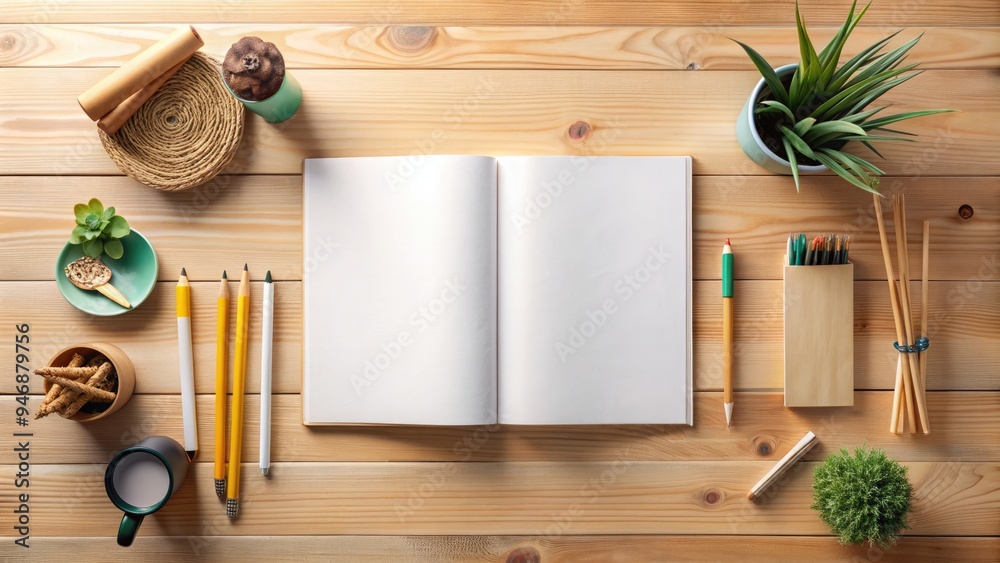 Blank modern magazine template with blank cover and pages on wooden desk, surrounded by creative tools and stationery, against muted pastel background. Blank modern magazine template with blank cover and pages on wooden desk, surrounded by creative tools and stationery, against muted pastel background.