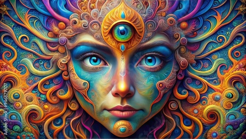 Bizarre, elaborate portrait features a mystifying face with a singular, giant eye at its center, surrounded by swirling patterns and vibrant, dreamlike hues. photo