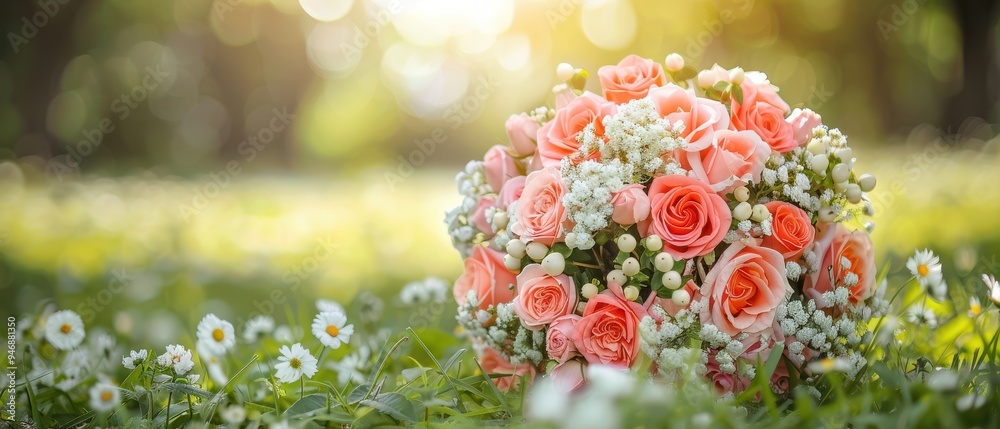 Colorful bridal bouquet placed on green grass, showcasing vibrant flowers and natural beauty. Free copy space for text.
