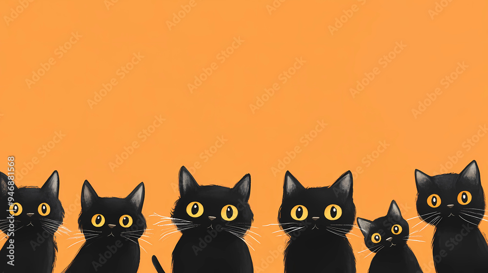 Cute Halloween Border with Black Cats on orange background