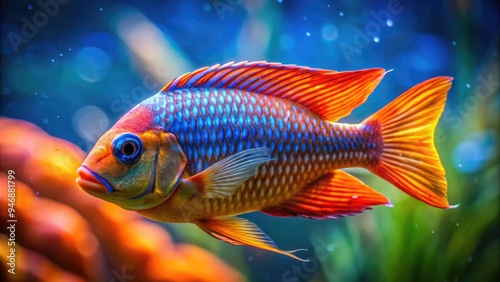 Close-up of a vibrant orange fish with intricate blue stripes, its shimmering scales reflecting light, suspended in a clear aquatic environment with subtle ripples. photo