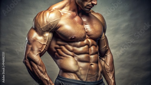 Close-up of toned and defined obliques muscles on a fit physique, highlighted by subtle ripped definition and a hint of sweat, against a neutral background. photo