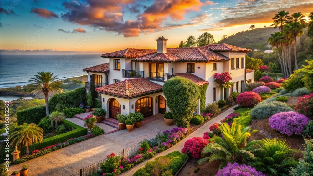 Coastal California dream home with Spanish-style architecture, lush greenery, and vibrant flowers, situated on a picturesque hill overlooking the sun-kissed San Diego coastline. Coastal California dream home with Spanish-style architecture, lush greenery, and vibrant flowers, situated on a picturesque hill overlooking the sun-kissed San Diego coastline.