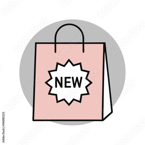New Arrival Icon. A shopping bag with a "New" label, highlighting new products. , shopping bag icon