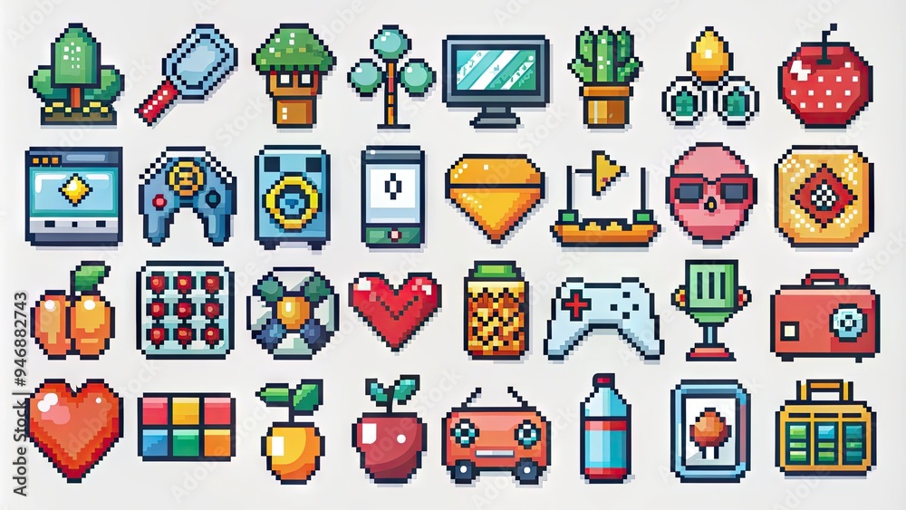Colorful 8-bit pixel art icons featuring various objects, symbols, and elements in a retro digital aesthetic, perfect for gaming, tech, or creative projects.