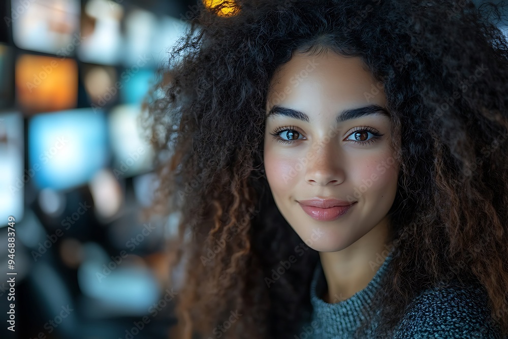 Inclusive image of happy blasian woman working on computer in creative agency office workplace. Young successful mixed race female businesswoman talking on client video call team meeting Inclusive image of happy blasian woman working on computer in creative agency office workplace. Young successful mixed race female businesswoman talking on client video call team meeting