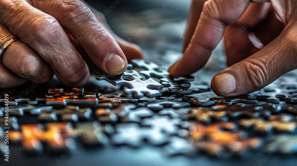 Close-up of hands assembling a jigsaw puzzle Close-up of hands assembling a jigsaw puzzle