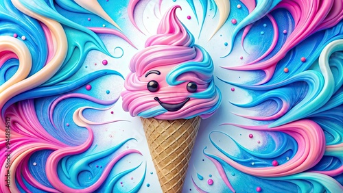 Colorful digital illustration of a smiling ice cream cone surrounded by swirls of pink and blue, set against a bright white background with subtle texture. photo