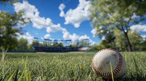 There is a dirty baseball left on the outfield grass of a small ballpark on a sunny day. Baseball, outfield, grass, small, ballpark, sunny, day, old ballpark photo