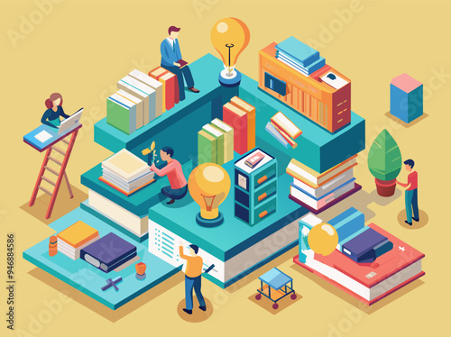 People spend time in the library banner. Isometric style. Vector illustration.