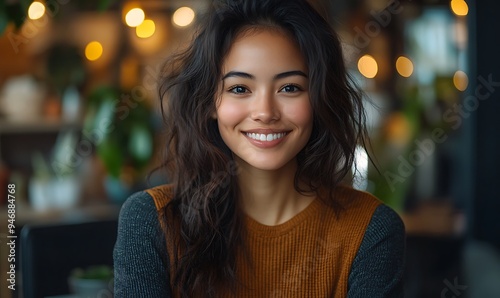  Inclusive image of happy blasian woman working on computer in creative agency office workplace. Young successful mixed race female businesswoman talking on client video call team meeting