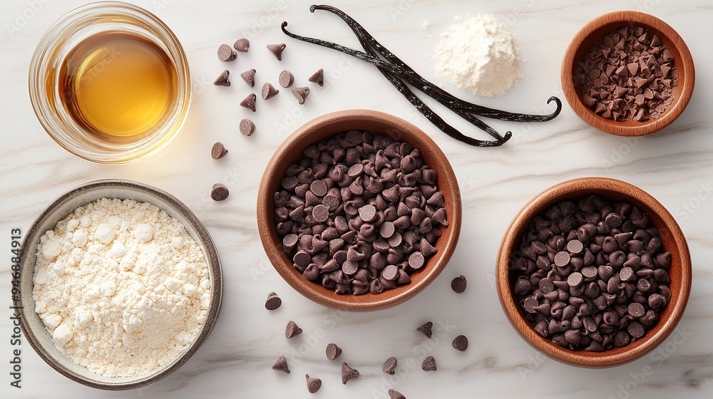 A collection of baking ingredients such as chocolate chips, vanilla extract, and baking powder, set out on a kitchen counter A collection of baking ingredients such as chocolate chips, vanilla extract, and baking powder, set out on a kitchen counter