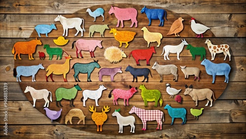 Colorful icons of livestock, including cattle, pigs, sheep, horses, and chickens, arranged in a circular pattern on a rustic, wooden background. photo