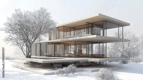 Modern Glass and Concrete House in a Snowy Landscape