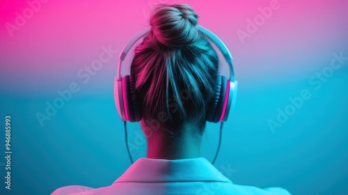 A person with a bun hairstyle is seen from behind wearing headphones in front of a blue and pink lit background, offering a modern and stylish visual experience. photo