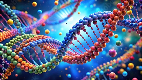 Colorful molecular model of RNA and DNA helix structures twirling together in a dynamic, swirling motion, symbolizing genetic code and biological information.
