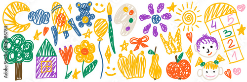 Kids doodle drawings big set. Collection freehand child baby drawn elements: sun, tree, crown, bear, flower, rocket. Hand drawing chalk scribble. Vector illustration isolated on white background