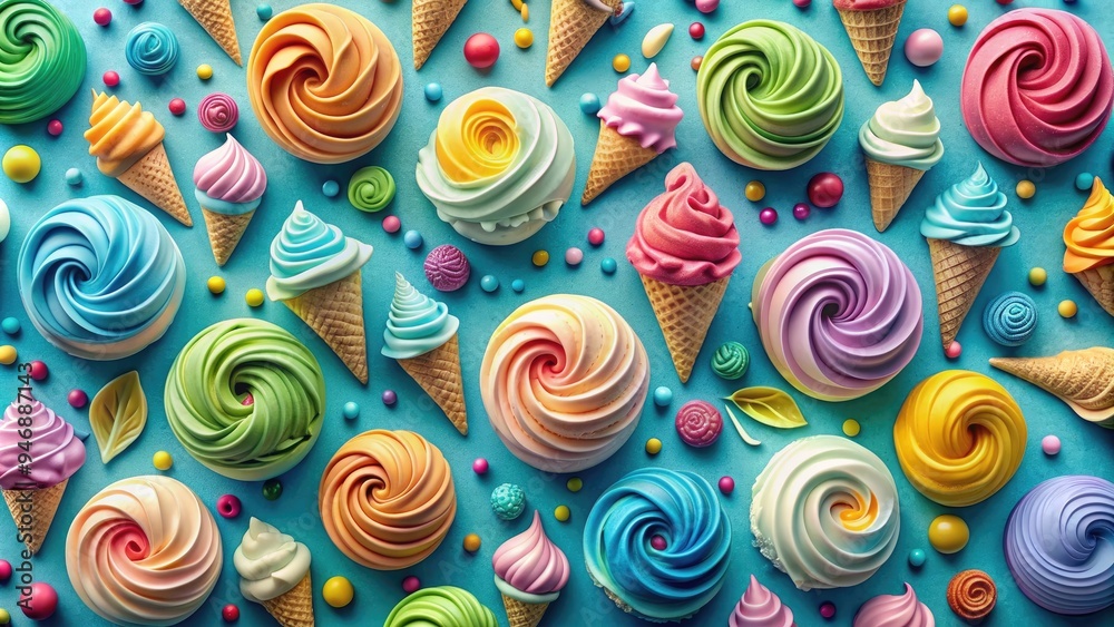 Colorful, swirling patterns of creamy ice cream textures and flavors mix and match in a playful, abstract design on a bright, pastel blue background. Colorful, swirling patterns of creamy ice cream textures and flavors mix and match in a playful, abstract design on a bright, pastel blue background.