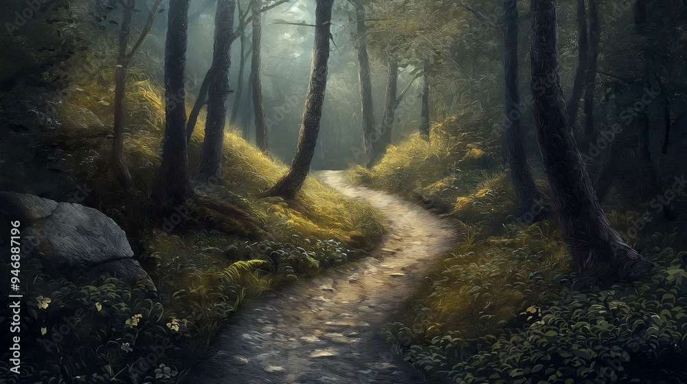 Obraz premium Winding path through a dense jungle forest