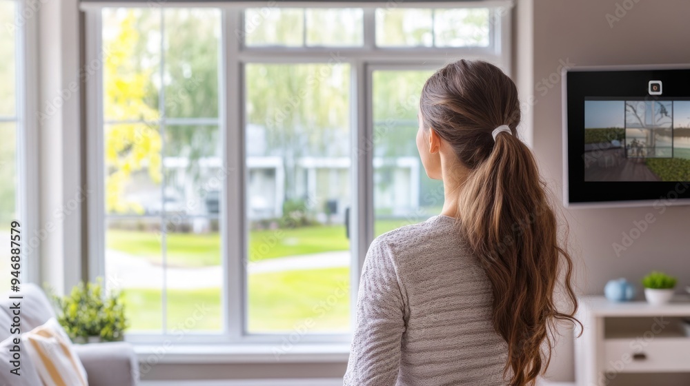 Woman Looking Out Window at Summery Green Scenery Woman Looking Out Window at Summery Green Scenery