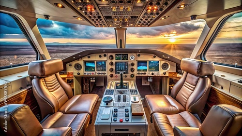 Commercial airliner cockpit with leather seat and instrument panel, aviation controls and navigation systems, ready for takeoff, sleek aircraft exterior visible through windshield.