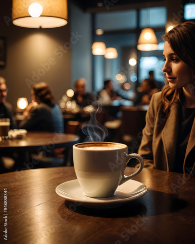 Mujer junto a una taza de café en una cafetería