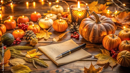 Cozy autumnal table setting with pen, paper, and seasonal decorations, surrounded by pumpkins, leaves, and warm lighting, evoking feelings of harvest prep and creative planning. photo