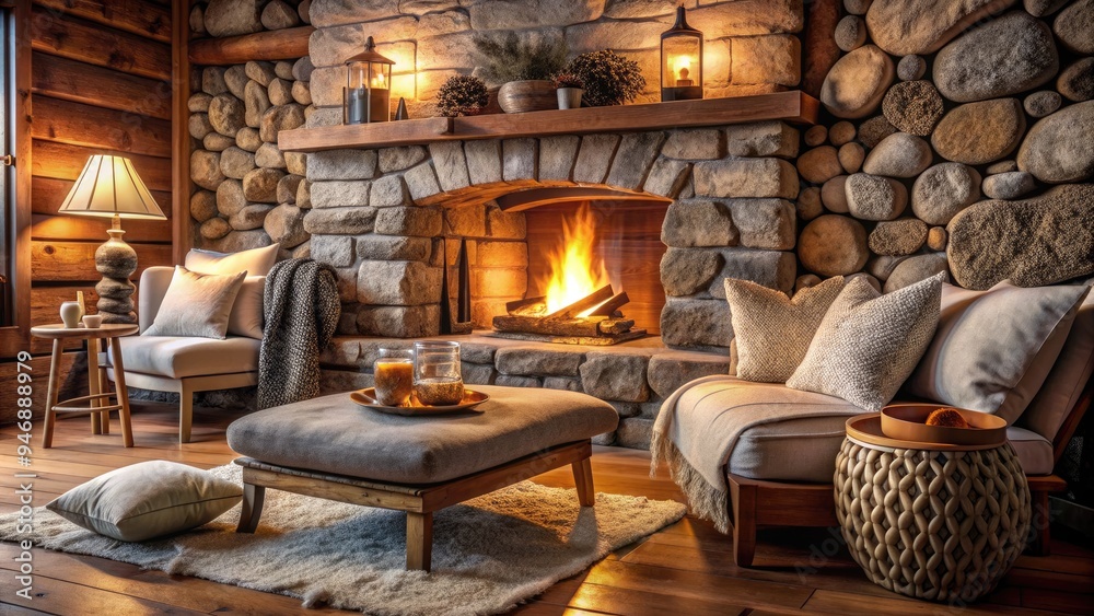 Cozy flames crackle in a rustic stone fireplace, surrounded by plush textiles and warm lighting, evoking a sense of snug comfort and Scandinavian-inspired tranquility. Cozy flames crackle in a rustic stone fireplace, surrounded by plush textiles and warm lighting, evoking a sense of snug comfort and Scandinavian-inspired tranquility.