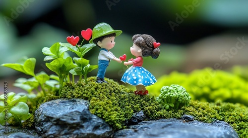 Whimsical Love in a Miniature Garden: Two adorable figurines share a heartfelt moment amidst a lush green oasis. 