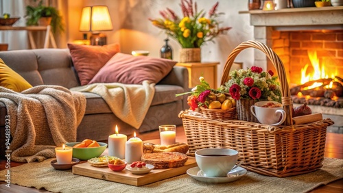 Wallpaper Mural Cozy living room setup with a blanket, wicker basket, and a delicious spread of food, drinks, and flowers, evoking a warm and intimate atmosphere. Torontodigital.ca