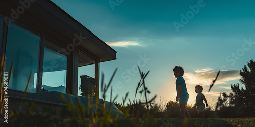 closeup of kids playing in the garden of a modern house, editorial photo , backlit photography, skyblue  photo