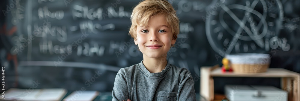 Smiling young schoolboy with curly hair in a classroom, standing in front of a chalkboard. Free copy space for text. Smiling young schoolboy with curly hair in a classroom, standing in front of a chalkboard. Free copy space for text.