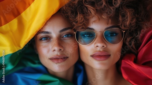 Two women with curly hair, wrapped in a rainbow flag, smile brightly at the camera. The image exudes warmth, unity, and celebration of diversity, highlighting their joyful expressions. photo