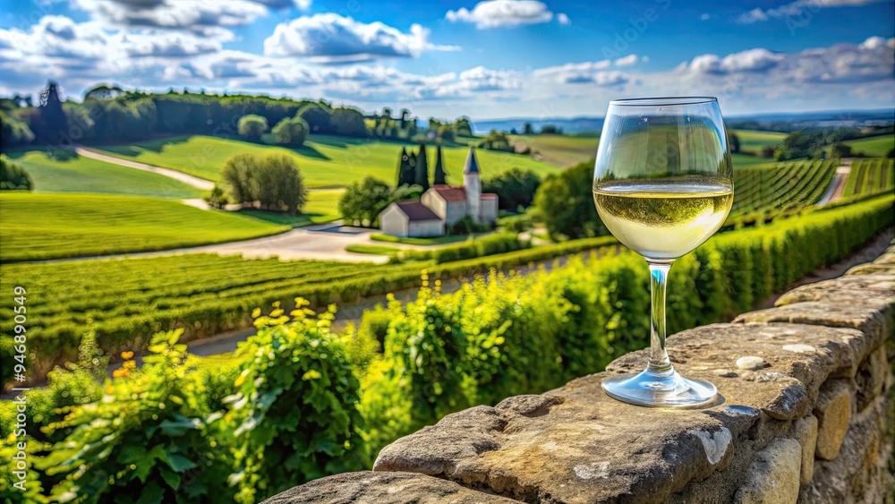 Crisp glass of Sauvignon Blanc wine from the Loire Valley, surrounded by lush green vineyards and rustic stone walls, under a sunny French sky. Crisp glass of Sauvignon Blanc wine from the Loire Valley, surrounded by lush green vineyards and rustic stone walls, under a sunny French sky.