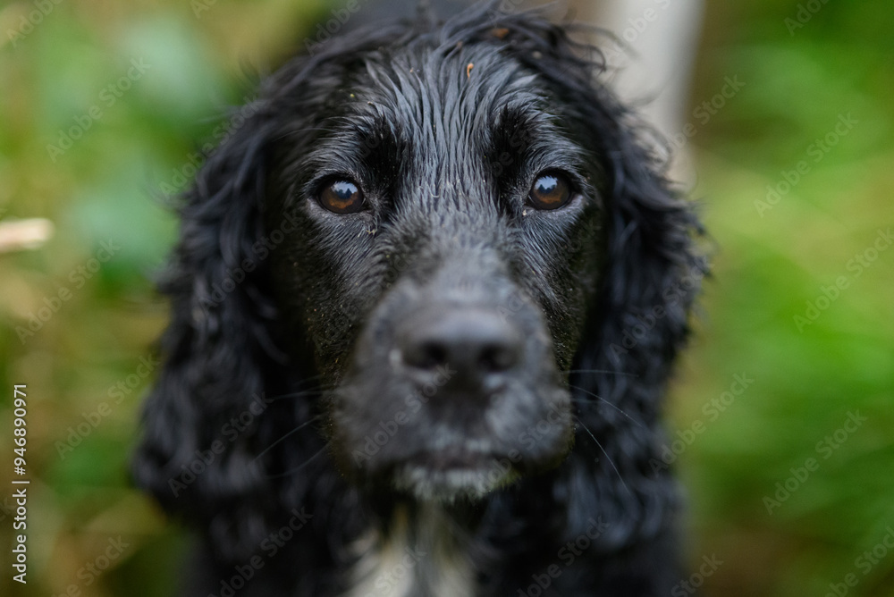 Black Sprocker Spaniel Sitting Calmly: High-Resolution Shot of a Beautiful Dog with a Glossy Black Fur Black Sprocker Spaniel Sitting Calmly: High-Resolution Shot of a Beautiful Dog with a Glossy Black Fur