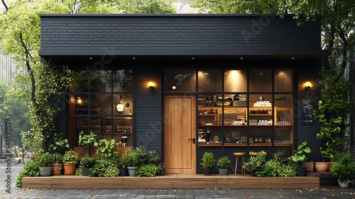 Modern black brick storefront with a wooden door and large windows, surrounded by greenery.