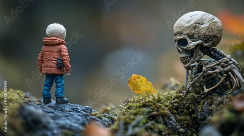 Facing the Unknown: A miniature figure stands alone, confronting a towering skeletal figure in a haunting scene of nature. The image evokes a sense of mystery and unease, leaving the viewer to ponder 