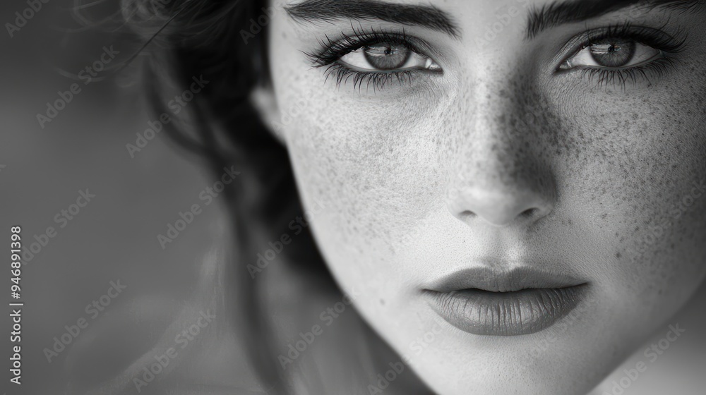 Obraz premium Close-up Portrait of a Woman with Freckles and Long Hair