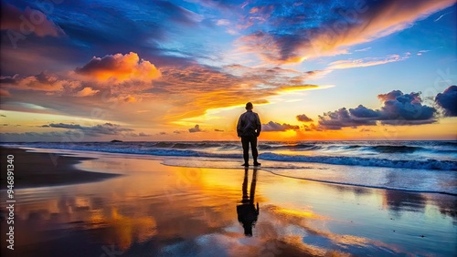 Dark figure stands alone at dawn or dusk on a serene, deserted beach with gentle waves and a vast, colorful sky featuring hues of orange and blue.