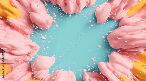 An energetic abstract composition showing exploding blobs of pink, with touches of yellow and white on a turquoise backdrop, conveying a sense of movement and creativity. photo