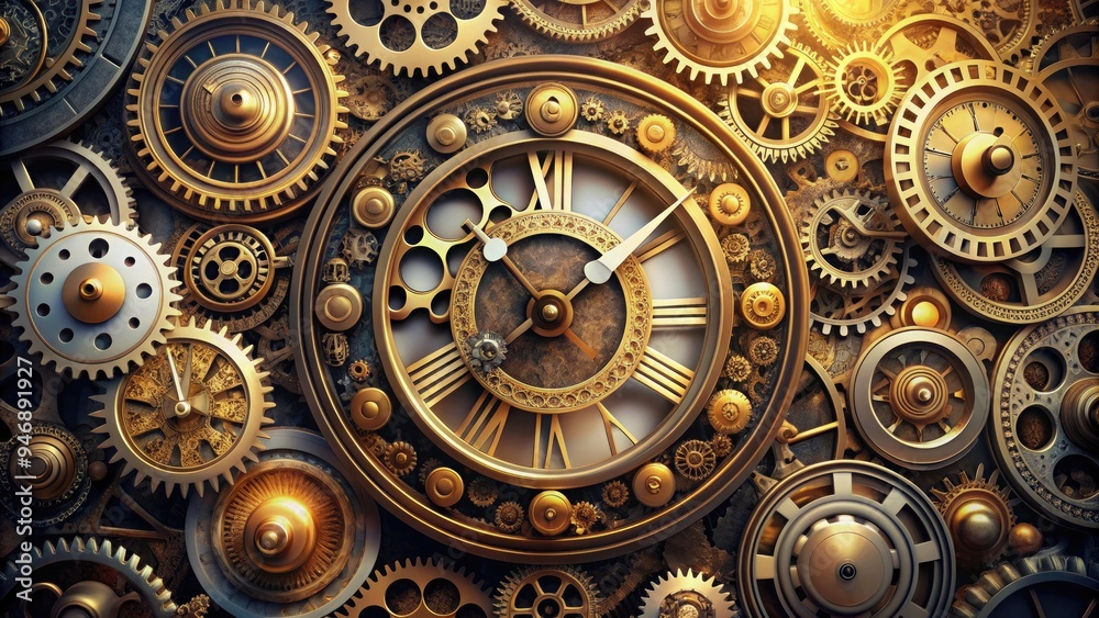 Delicate clock face with intricately designed gears and cogs, surrounded by icons of time-related symbols such as hourglasses, calendars, and stopwatch hands. Delicate clock face with intricately designed gears and cogs, surrounded by icons of time-related symbols such as hourglasses, calendars, and stopwatch hands.