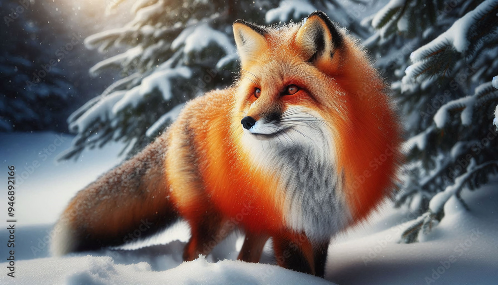 Red Fox in Snow 3d rendering. Generative AI.