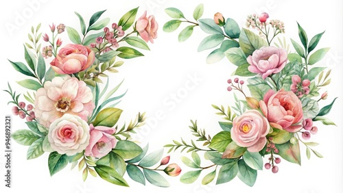 Delicate, dreamy watercolor wreath adorned with soft pink flowers, lush greenery, and subtle texture, evoking a nostalgic, whimsical feel reminiscent of antique botanical illustrations.