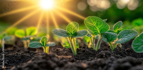 At sunset, soybean sprouts grow in black soil. Agriculture, industrial, field, soybeans, rows, growth, farming, landscape, sunset. photo