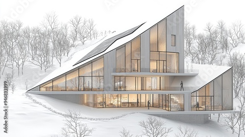 Modern Architectural Design of a House on a Snowy Mountainside