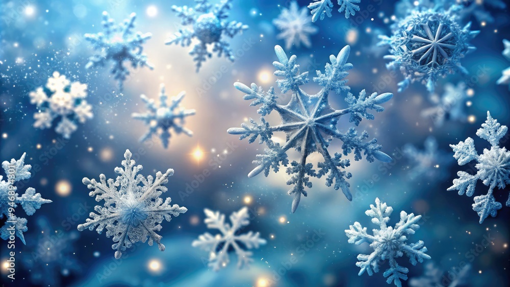 Delicate, intricately patterned snowflakes gently fall against a soft, serene blue background, capturing the magical essence of winter's peaceful tranquility in a fleeting moment. Delicate, intricately patterned snowflakes gently fall against a soft, serene blue background, capturing the magical essence of winter's peaceful tranquility in a fleeting moment.