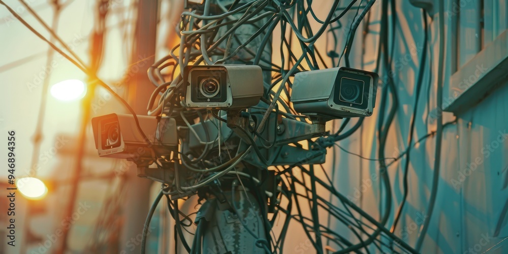 Security CCTV camera installed at post with multiple cables Chaotic ...