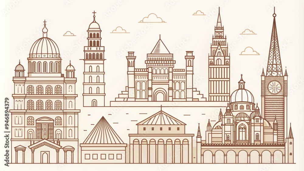 Delicate line drawings of iconic historical landmarks, including ancient ruins, medieval castles, and monumental architecture, showcasing intricate details and textures in simple yet elegant style. Delicate line drawings of iconic historical landmarks, including ancient ruins, medieval castles, and monumental architecture, showcasing intricate details and textures in simple yet elegant style.